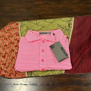 G/Fore Men's Large Knockout Pink Feeder Stripe Tech Pique Polo MSRP $120